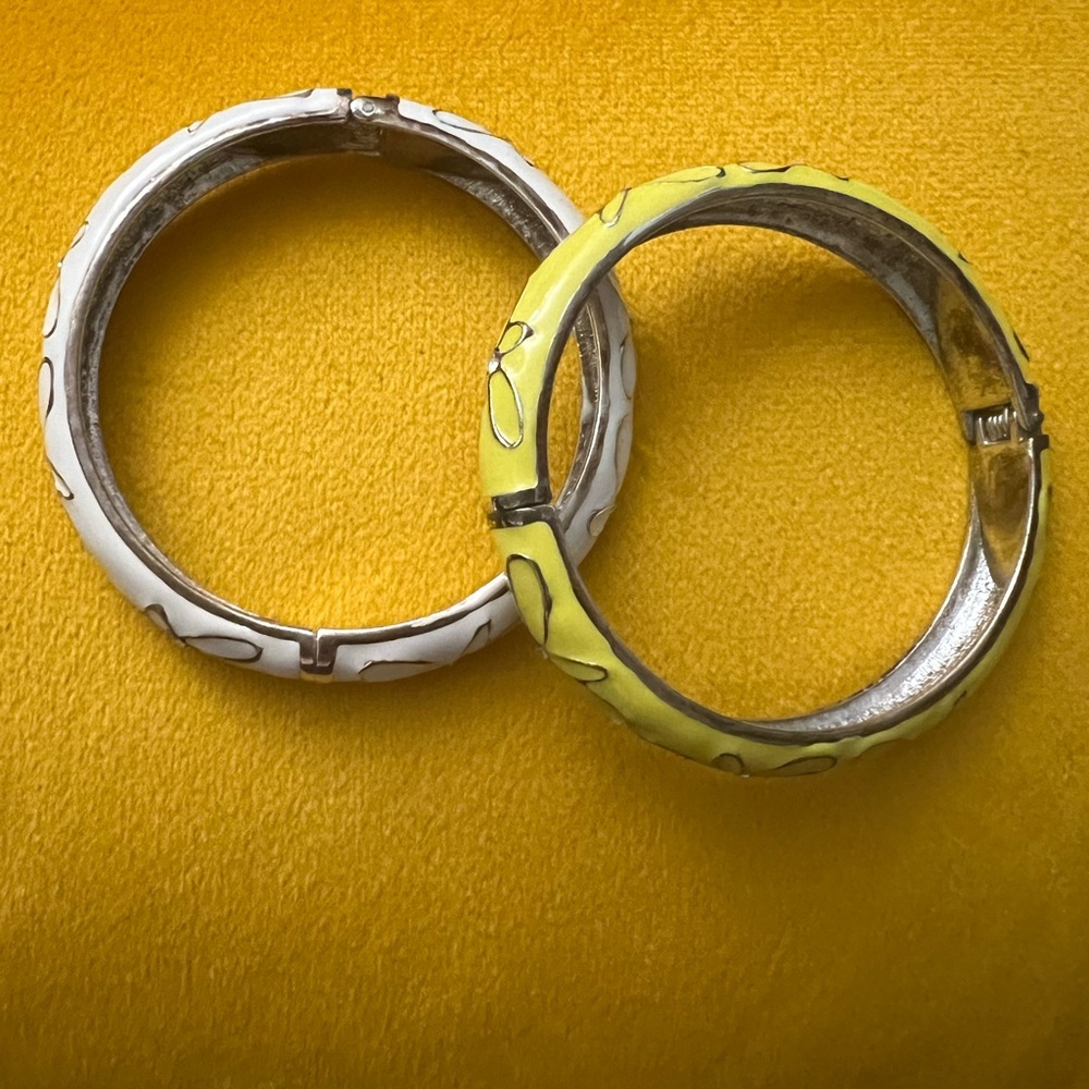 Yellow & White Enamel Hinged Bangle Bracelets with crystals (Silver Tone)